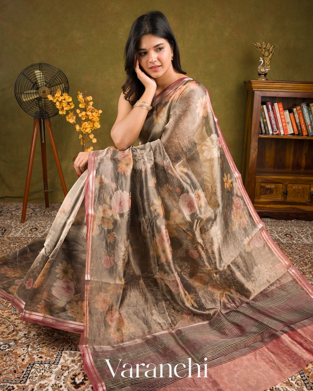 Black Printed Pure Tissue Kora Silk Saree