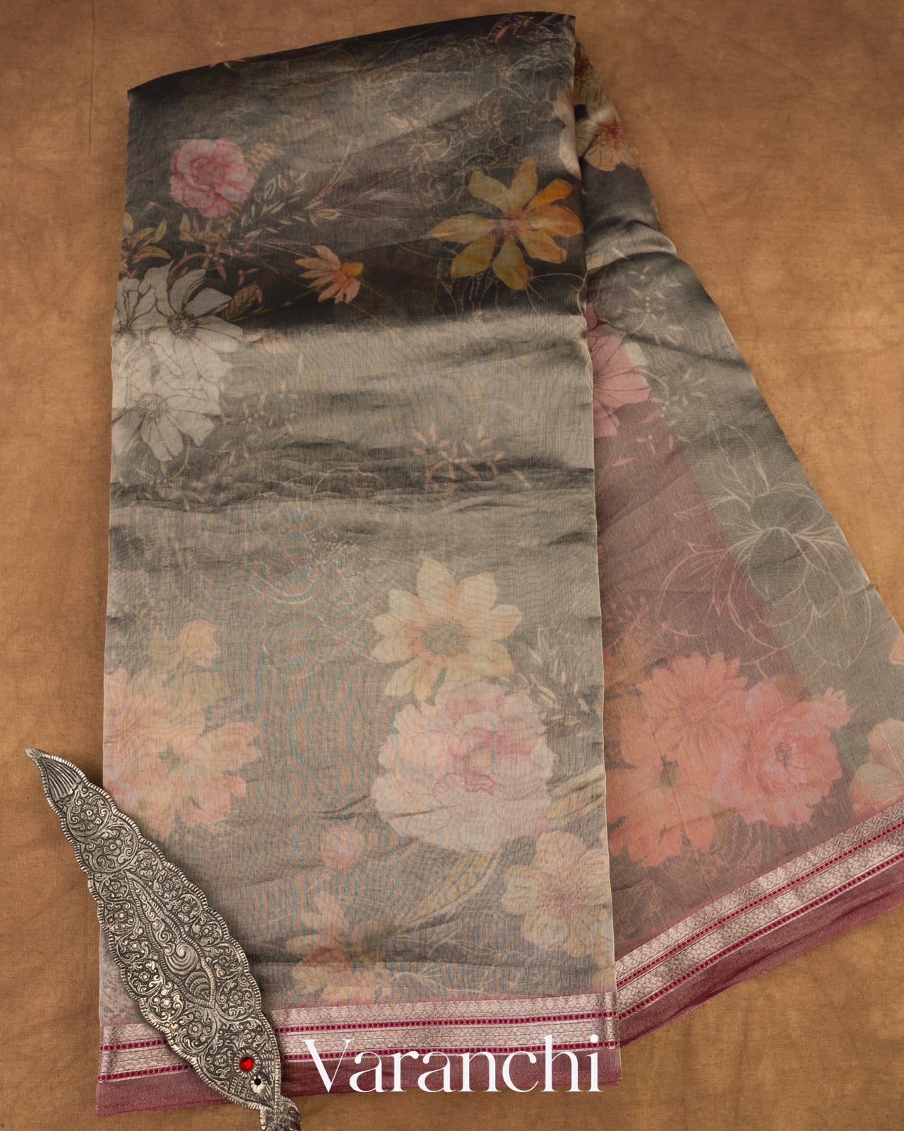 Black Printed Pure Tissue Kora Silk Saree