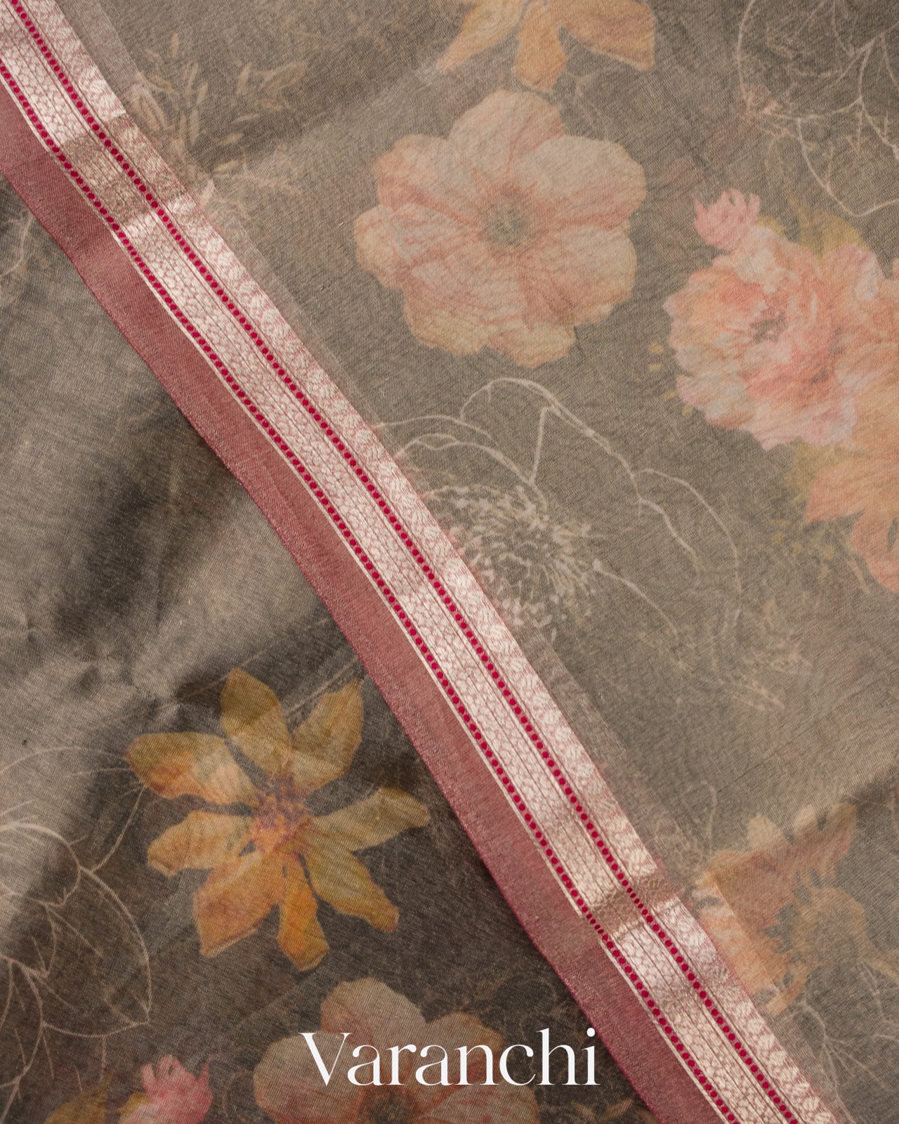 Black Printed Pure Tissue Kora Silk Saree