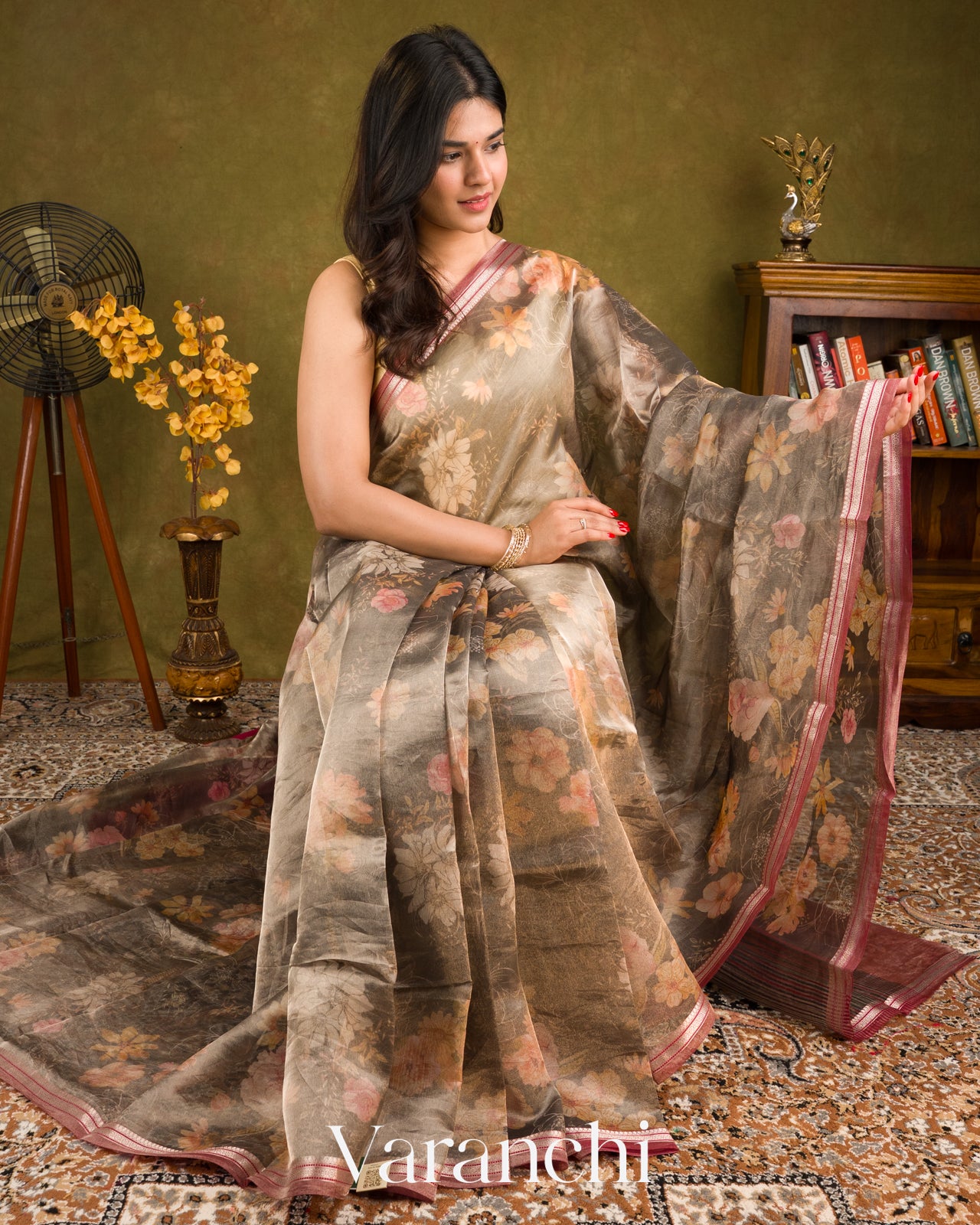 Black Printed Pure Tissue Kora Silk Saree