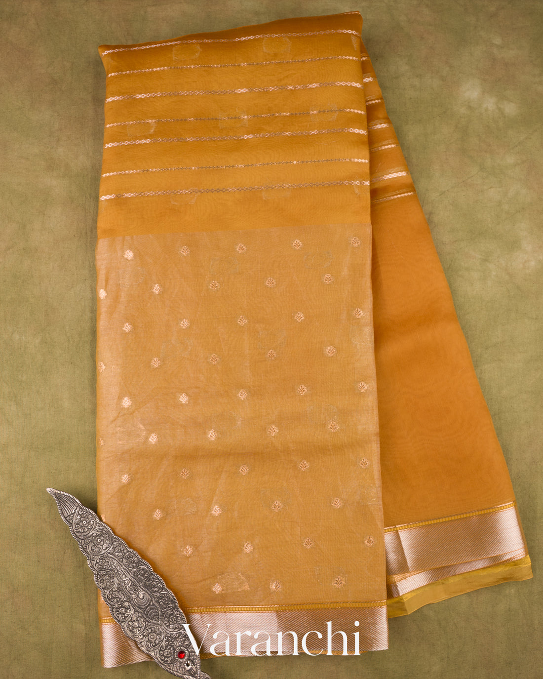 Burnt Orange Tissue Pure Kora Silk Saree