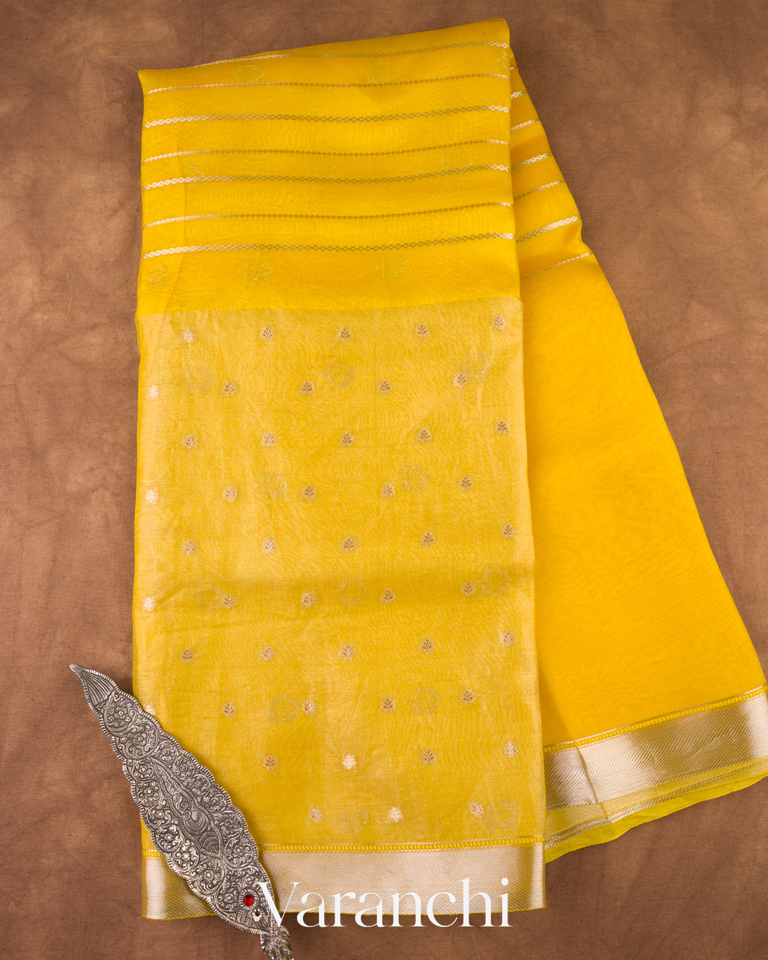 Bright Yellow Tissue Pure Kora Silk Saree