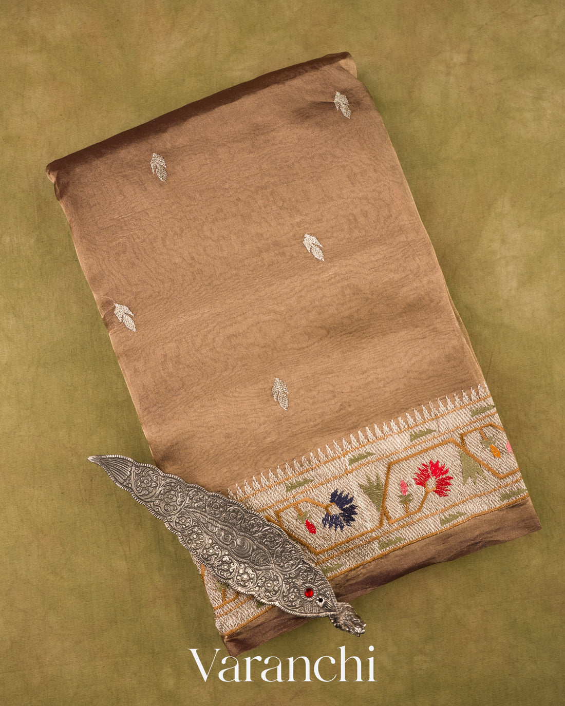 Cocoa Brown With Paithani Embroidered Border Pure Tissue Kora Silk Saree