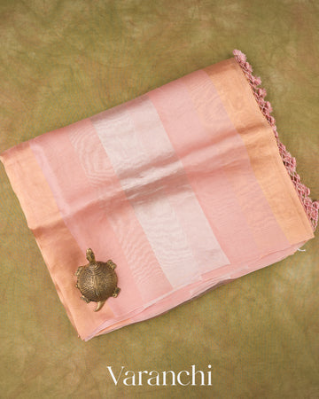 Baby Pink Sona Rupa Tissue Striped Pure Kora Silk Saree