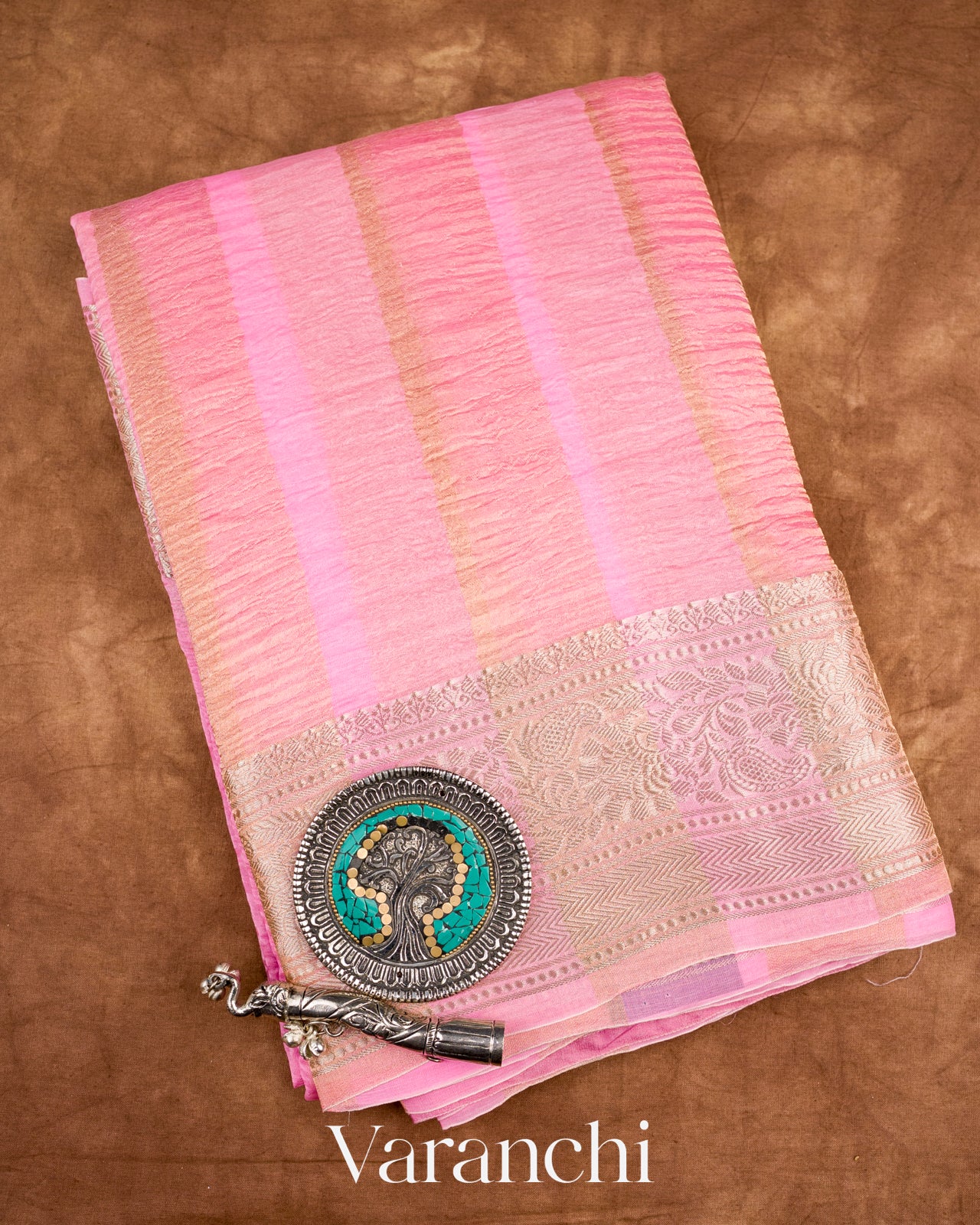 Rose Pink Tissue Striped Pure Kora Silk Saree