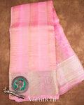 Rose Pink Tissue Striped Pure Kora Silk Saree