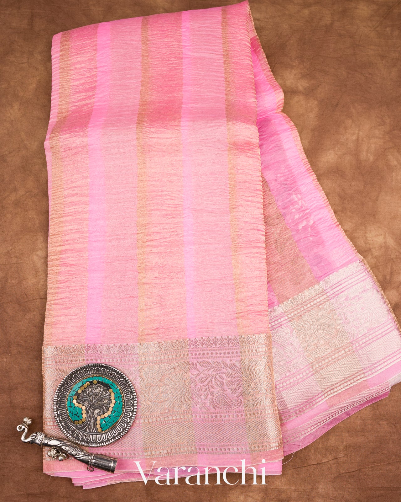 Rose Pink Tissue Striped Pure Kora Silk Saree