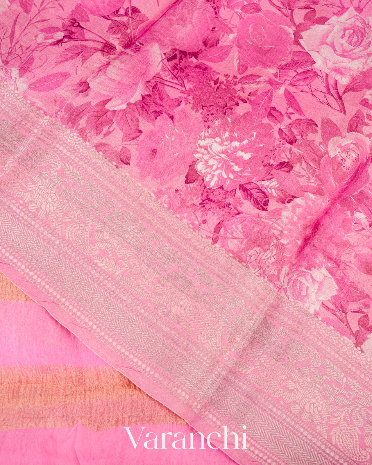 Rose Pink Tissue Striped Pure Kora Silk Saree