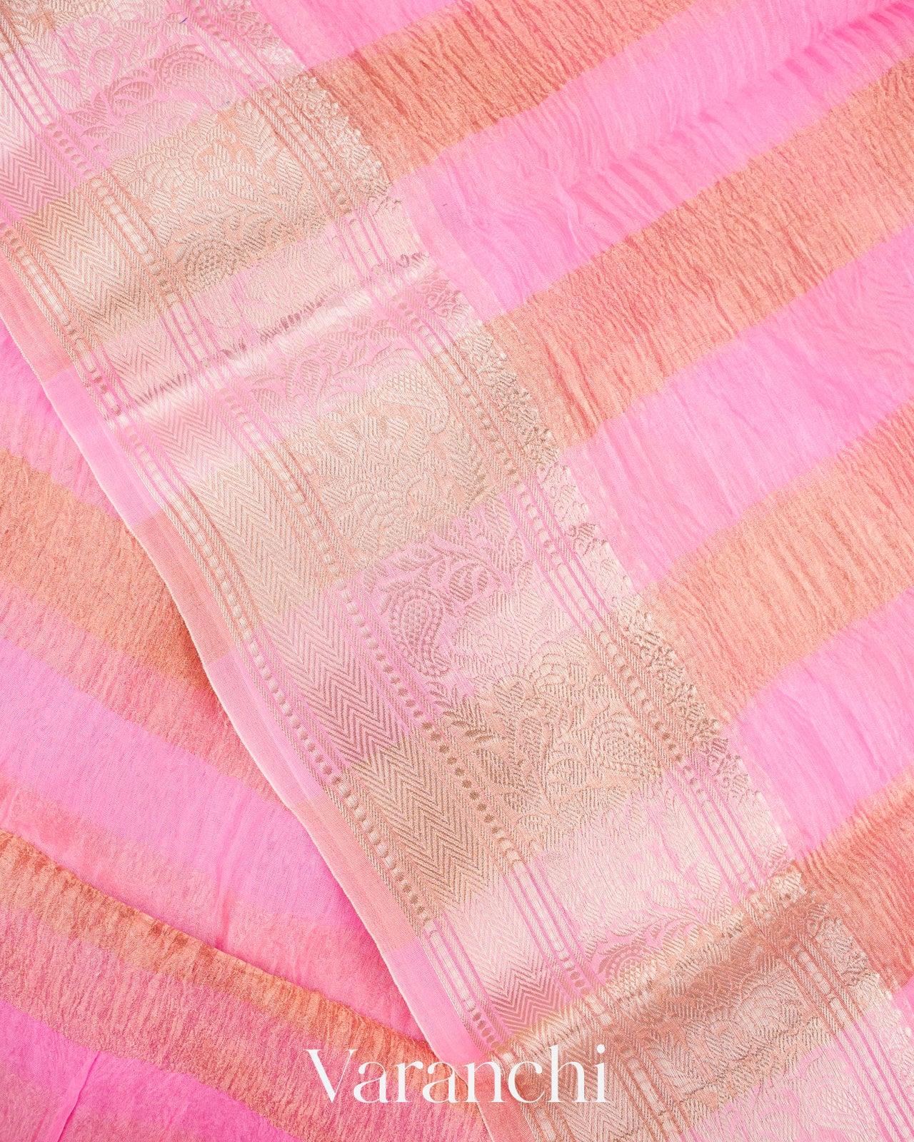 Rose Pink Tissue Striped Pure Kora Silk Saree
