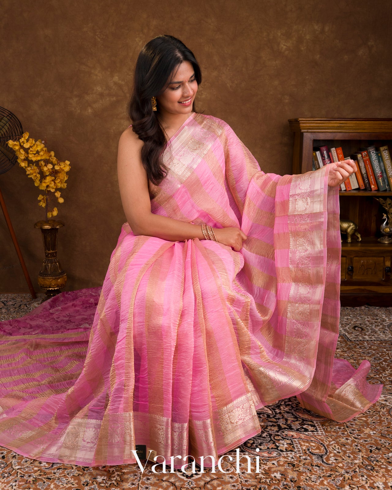 Rose Pink Tissue Striped Pure Kora Silk Saree
