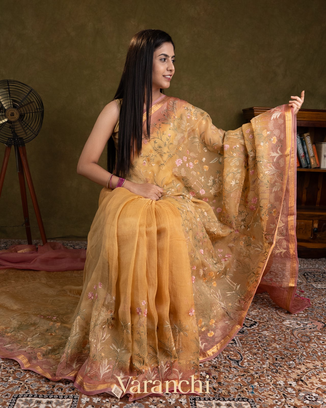 Deep Beige  Floral Embroidered Pure Tissue Kora Silk Saree 