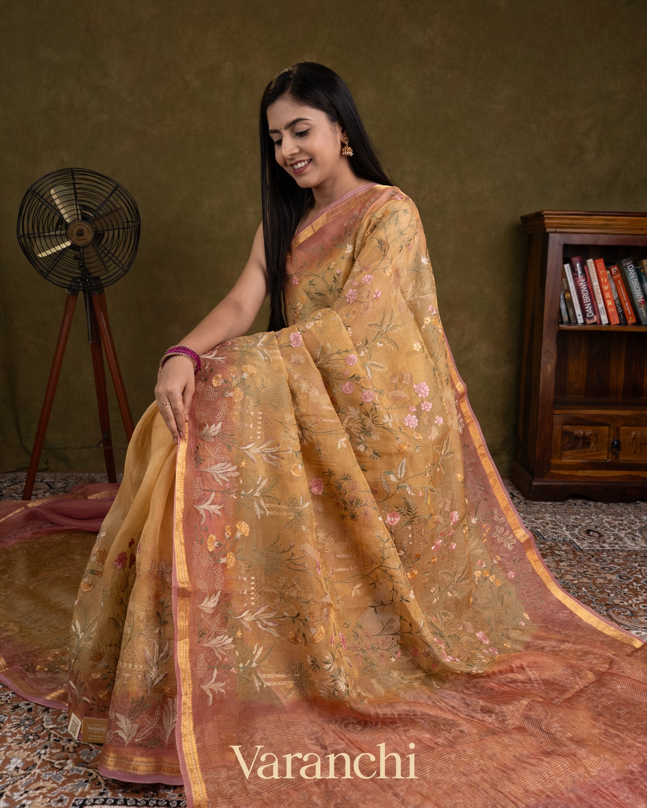Deep Beige  Floral Embroidered Pure Tissue Kora Silk Saree 
