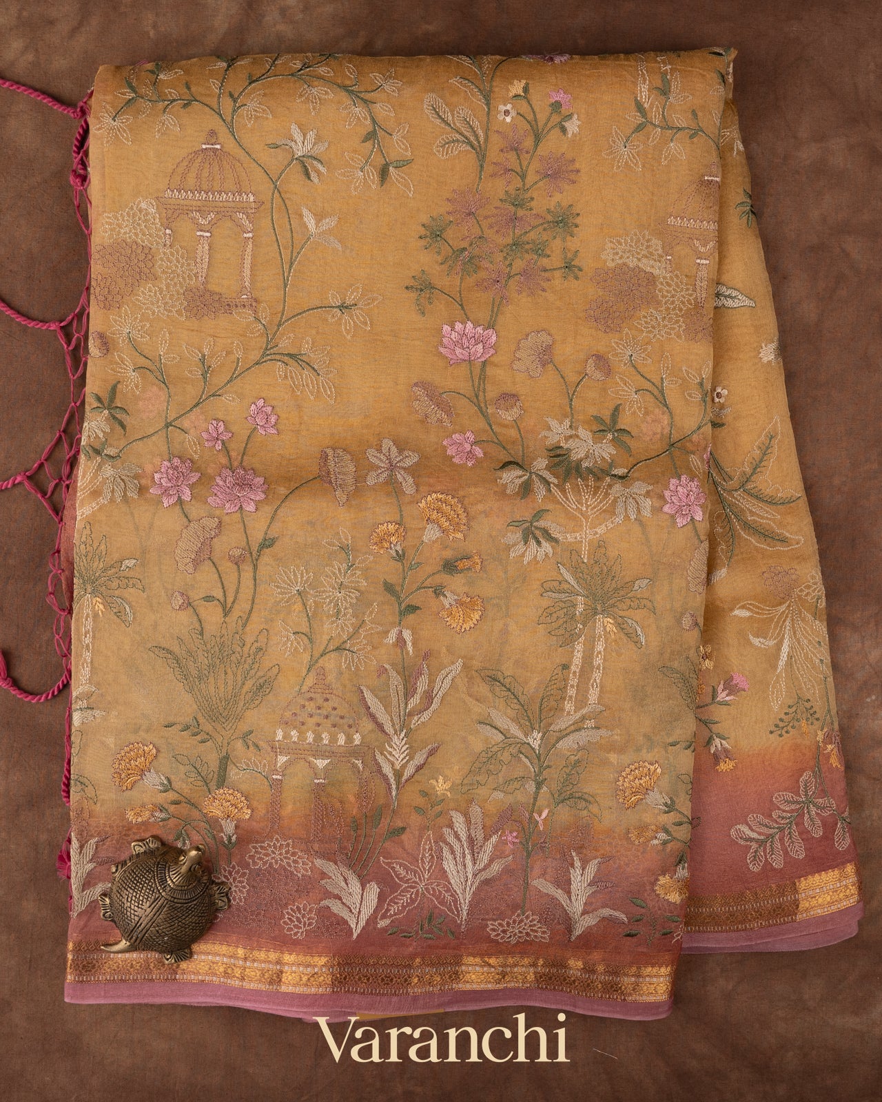Deep Beige  Floral Embroidered Pure Tissue Kora Silk Saree 