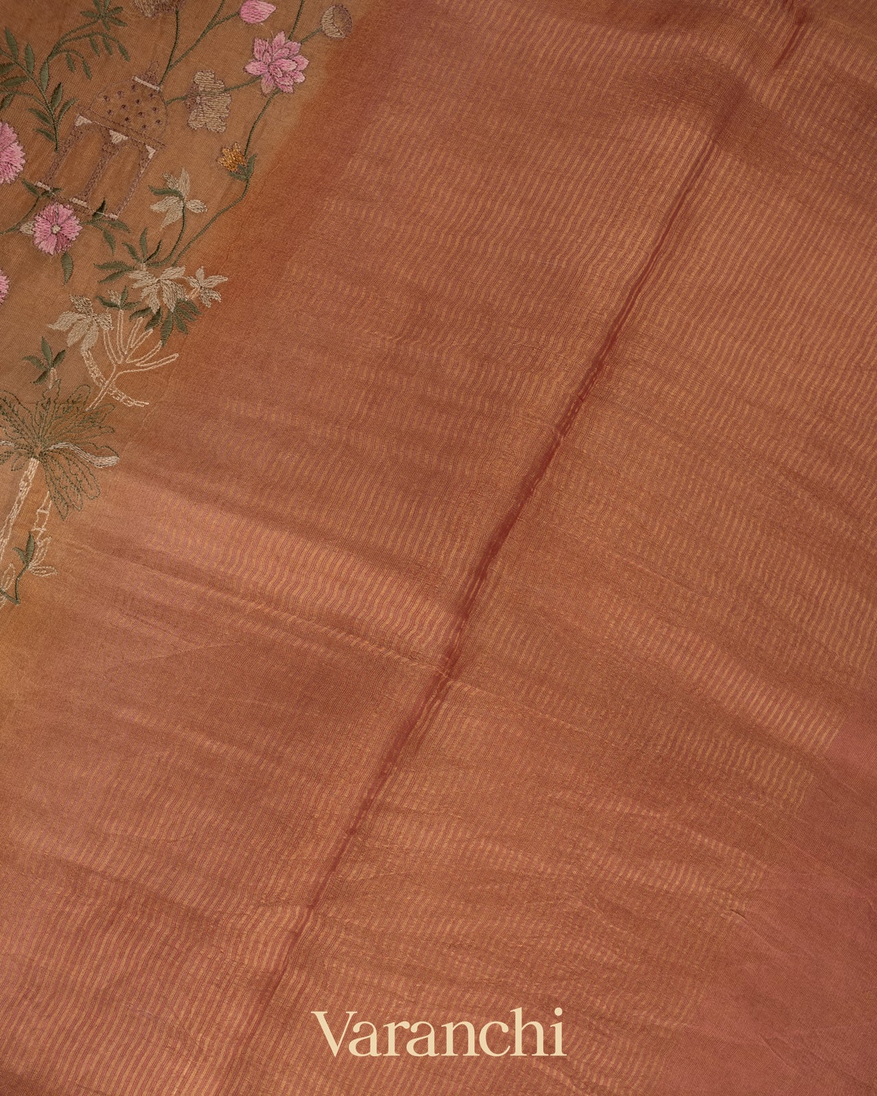 Deep Beige  Floral Embroidered Pure Tissue Kora Silk Saree 