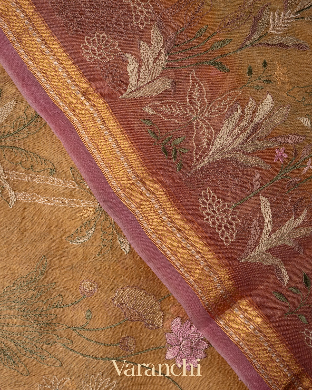Deep Beige  Floral Embroidered Pure Tissue Kora Silk Saree 