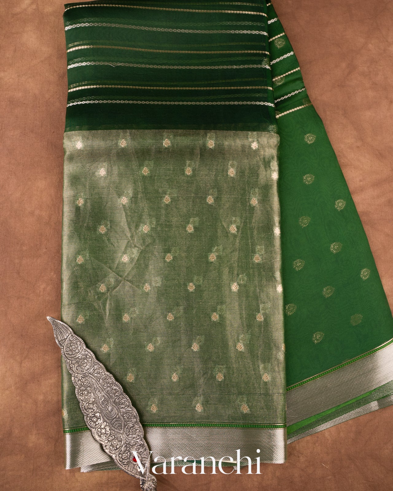Moss Green Tissue Pure Kora Silk Saree 