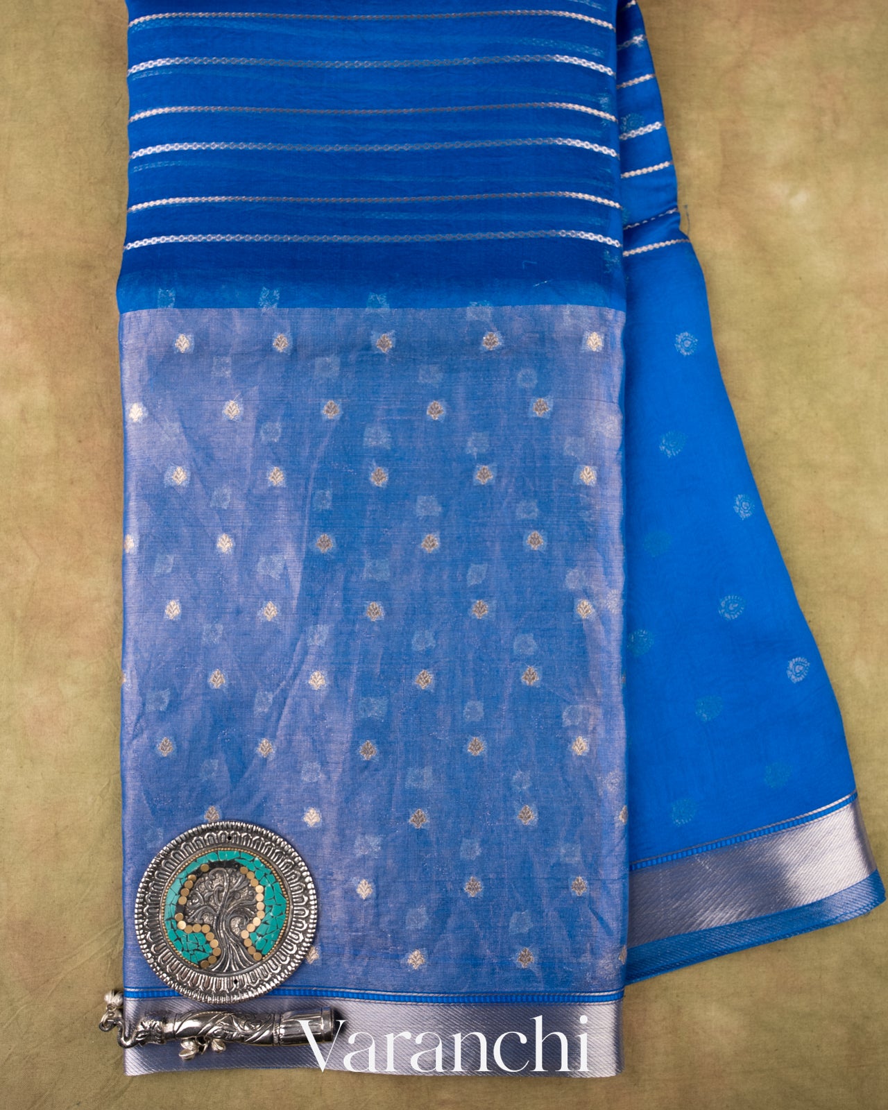 Ink Blue Tissue Pure Kora Silk Saree 