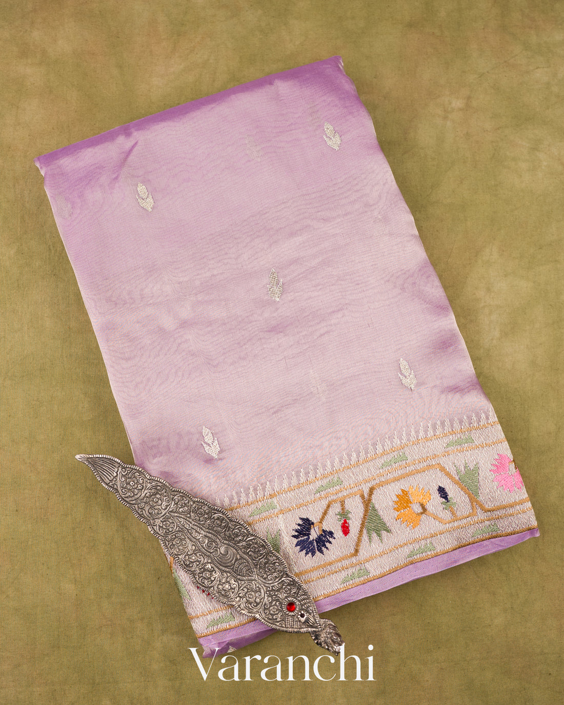 Lavender With Paithani Embroidery Pure Crush Tissue Kora Silk Saree