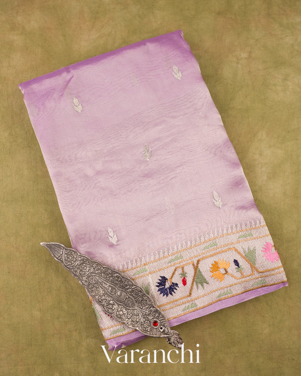 Lavender With Paithani Embroidery Pure Crush Tissue Kora Silk Saree