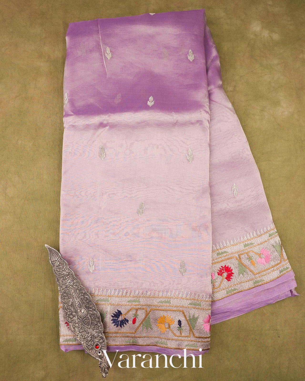 Lavender With Paithani Embroidery Pure Crush Tissue Kora Silk Saree