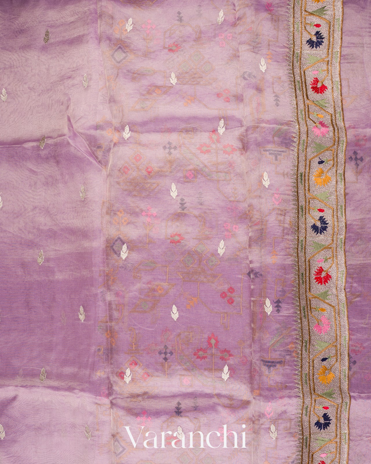 Lavender With Paithani Embroidery Pure Crush Tissue Kora Silk Saree