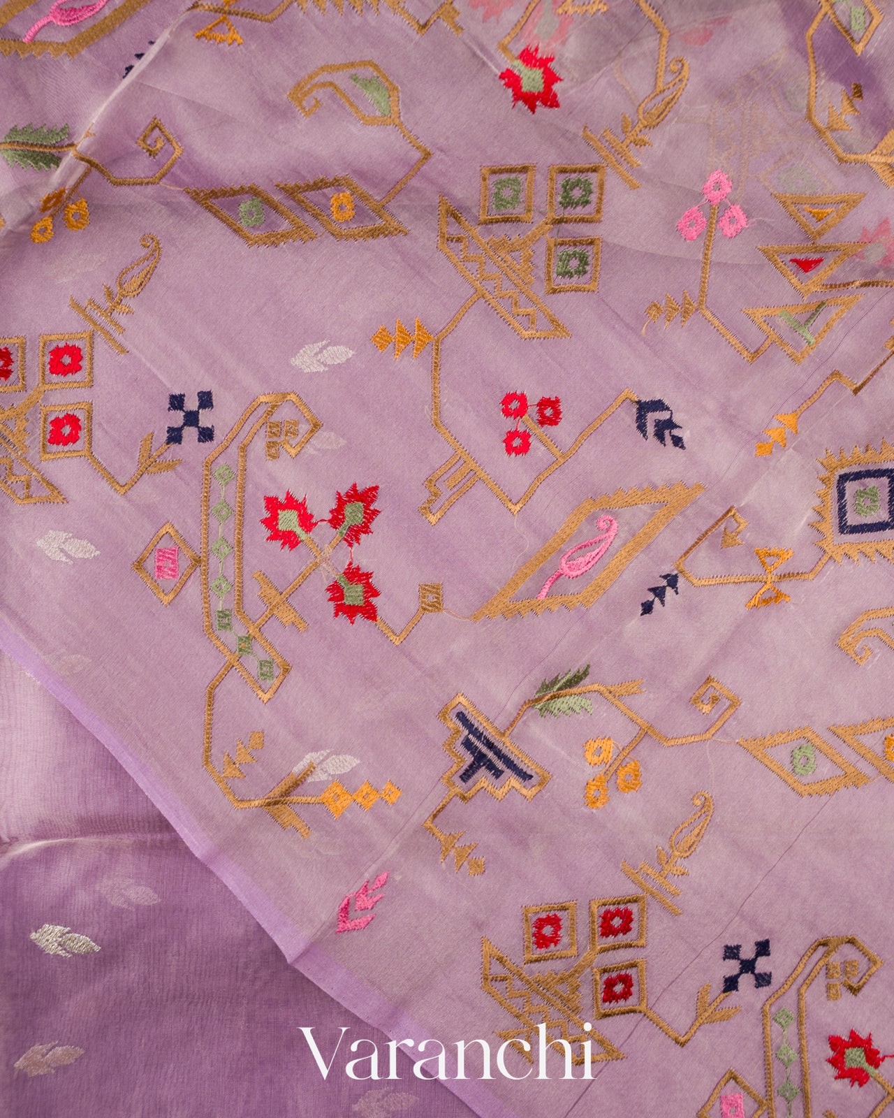 Lavender With Paithani Embroidery Pure Crush Tissue Kora Silk Saree