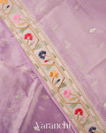 Lavender With Paithani Embroidery Pure Crush Tissue Kora Silk Saree