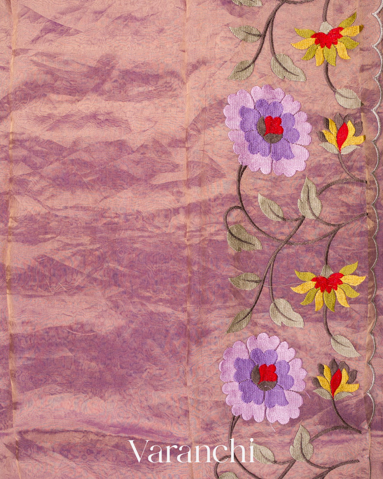 Lavender Floral Embroidered Pure Tissue Kora Silk Saree