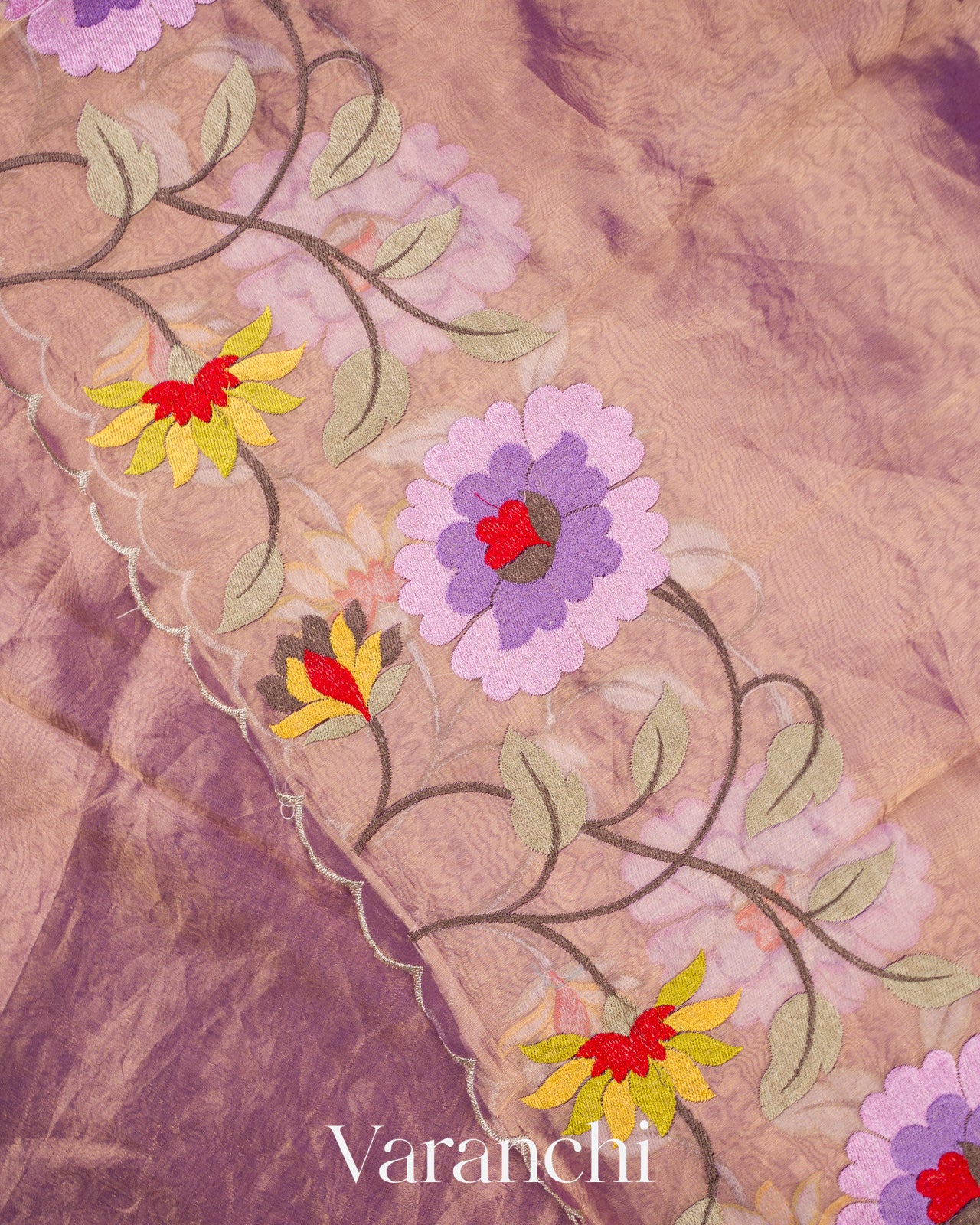 Lavender Floral Embroidered Pure Tissue Kora Silk Saree