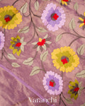 Lavender Floral Embroidered Pure Tissue Kora Silk Saree
