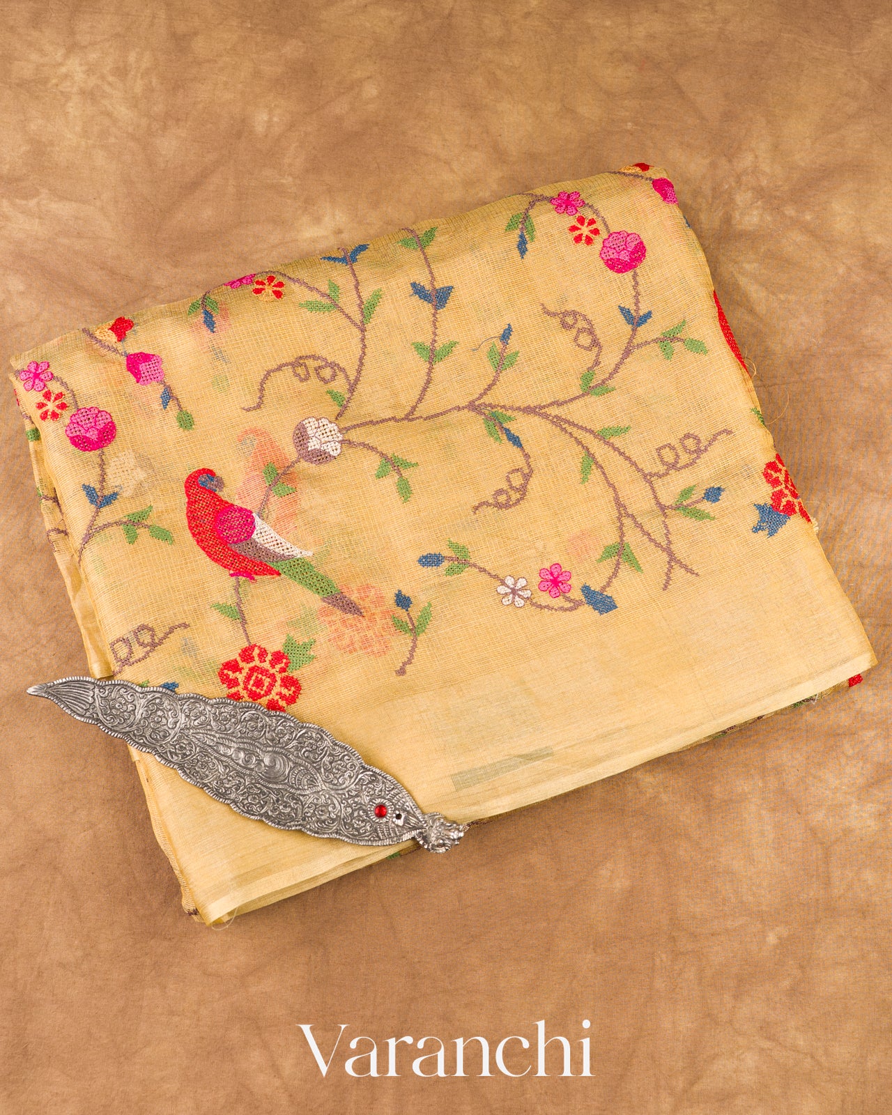 Light Honey Beige Embroidered Tissue Pure Kora Silk Saree 