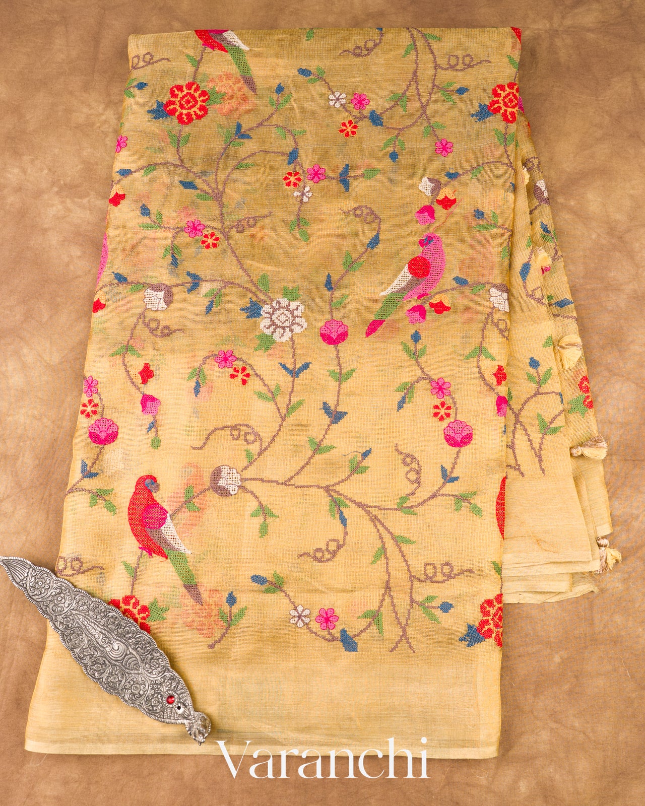 Light Honey Beige Embroidered Tissue Pure Kora Silk Saree 