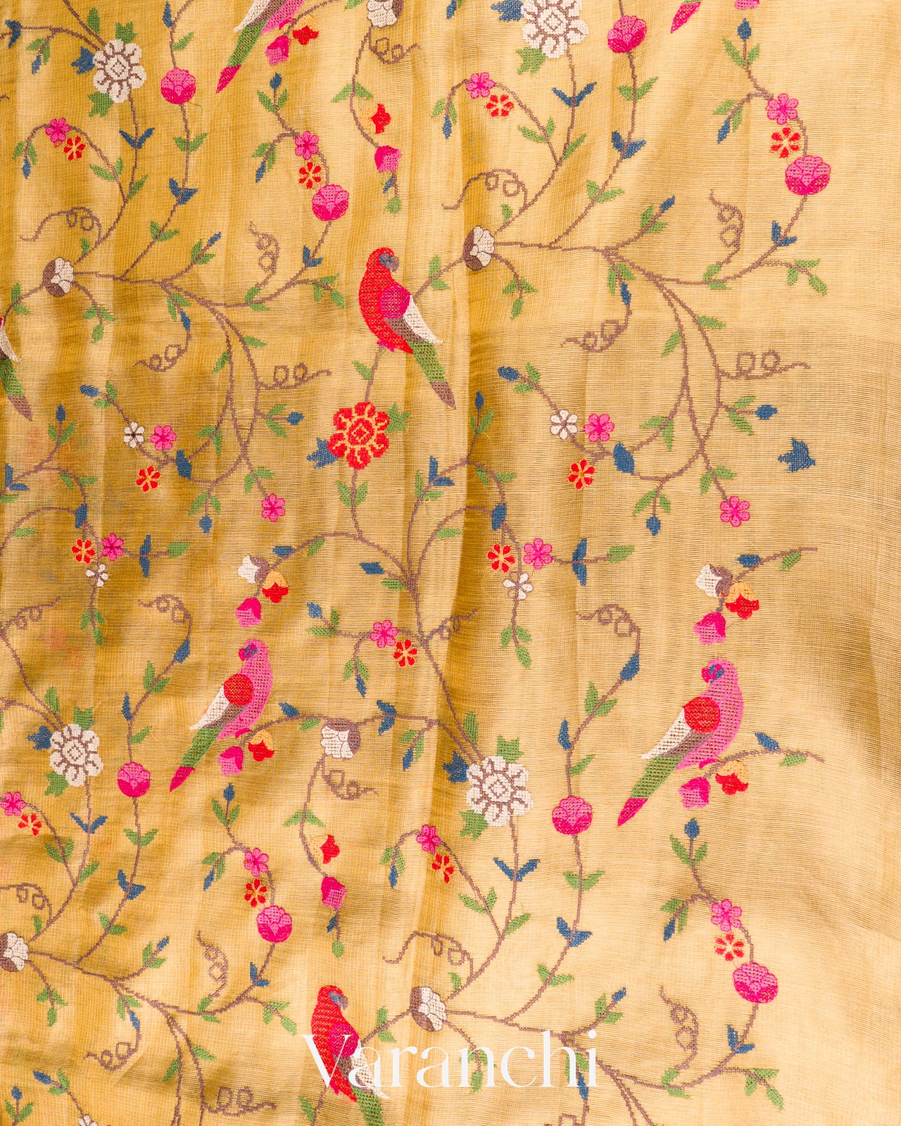 Light Honey Beige Embroidered Tissue Pure Kora Silk Saree 