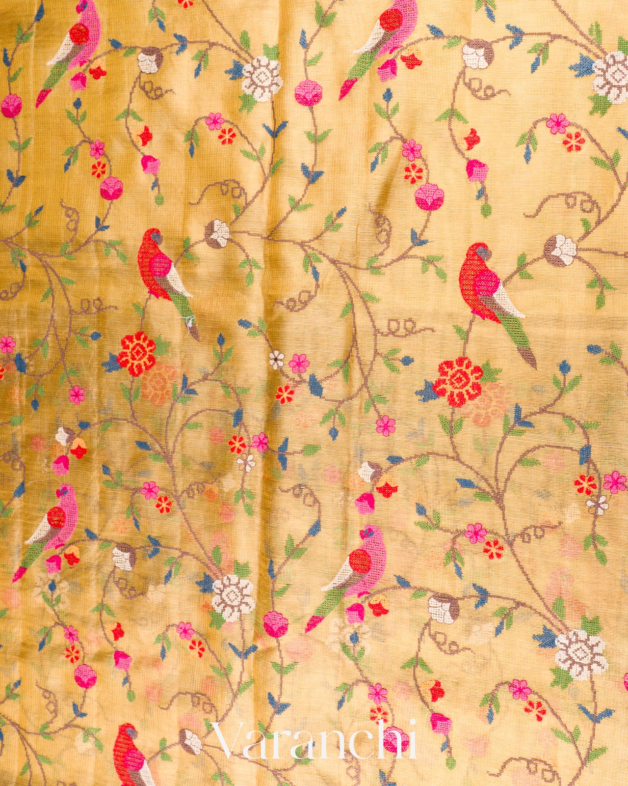 Light Honey Beige Embroidered Tissue Pure Kora Silk Saree 