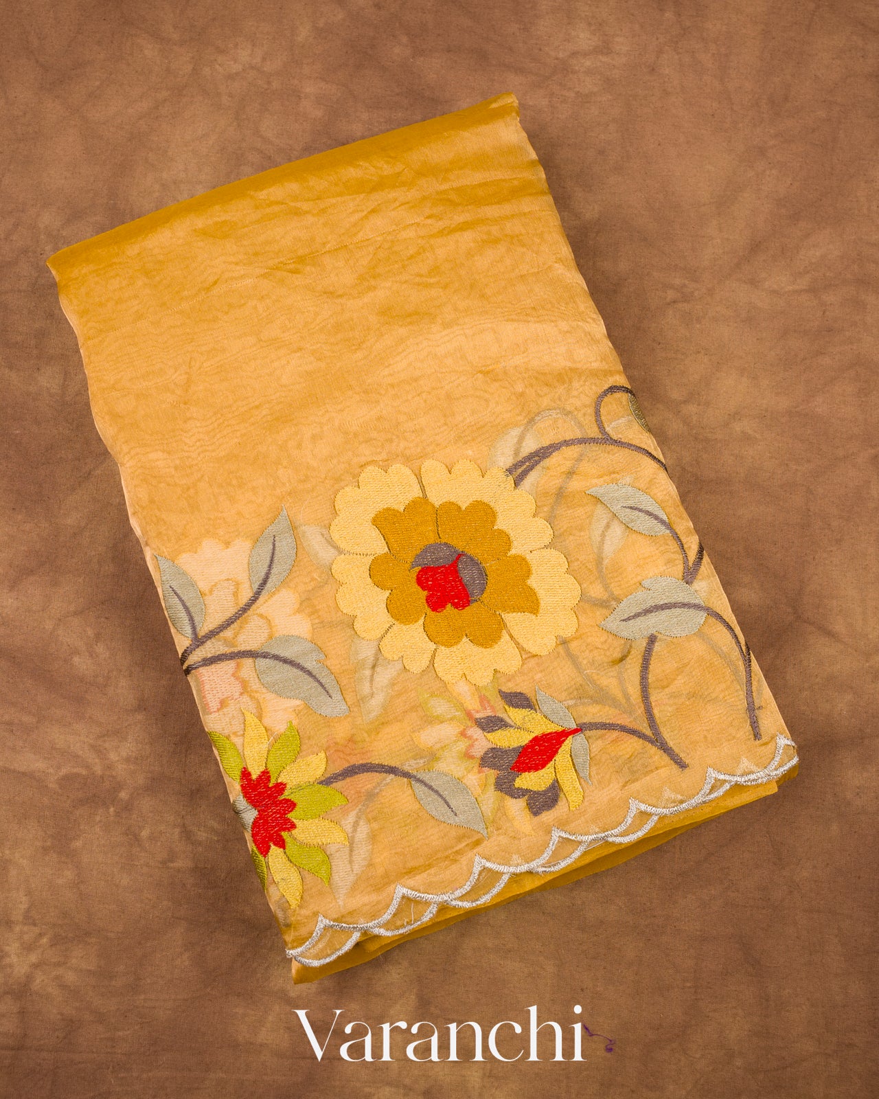 Mustard Yellow Floral Embroidered Pure Tissue Kora Silk Saree 