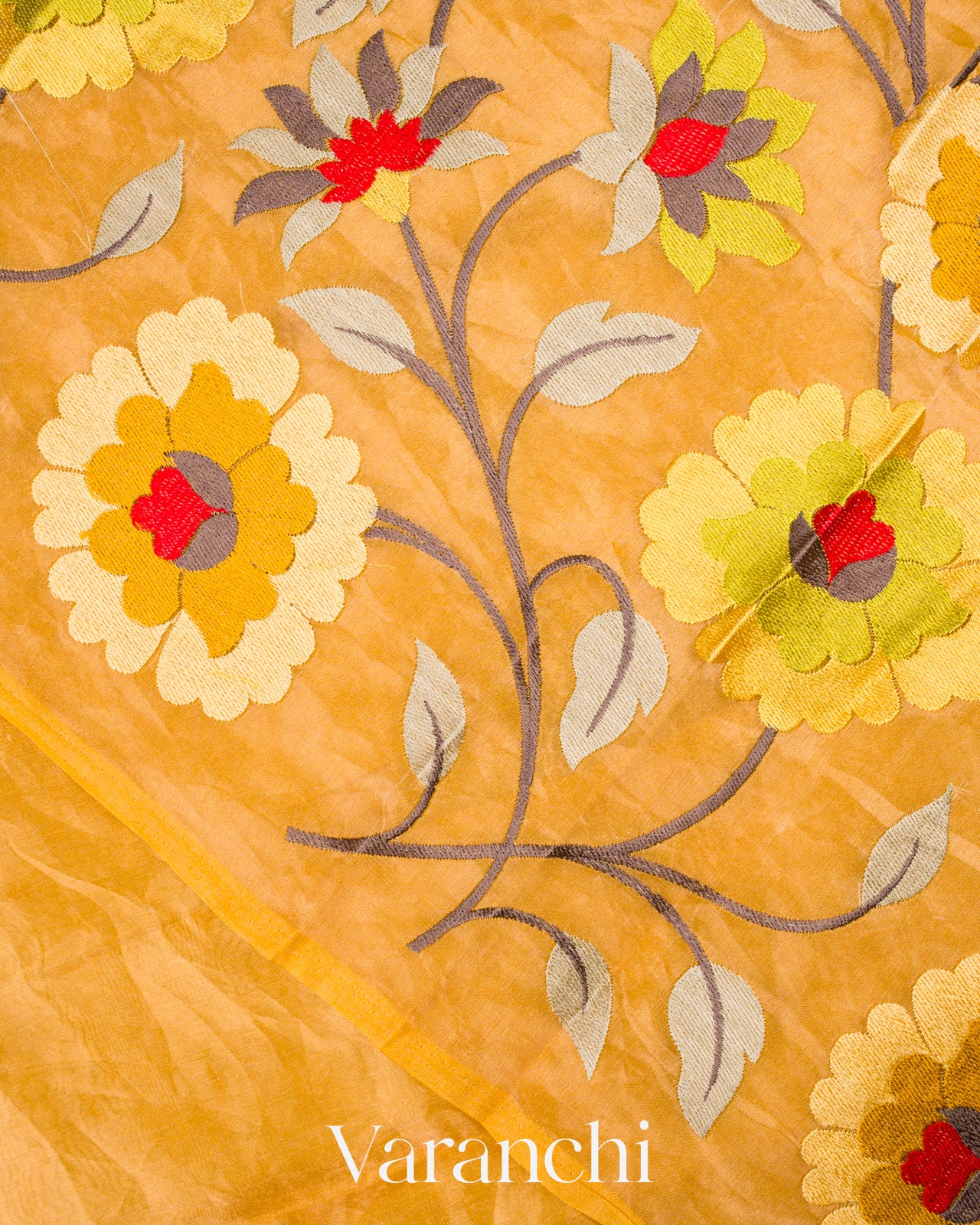Mustard Yellow Floral Embroidered Pure Tissue Kora Silk Saree 