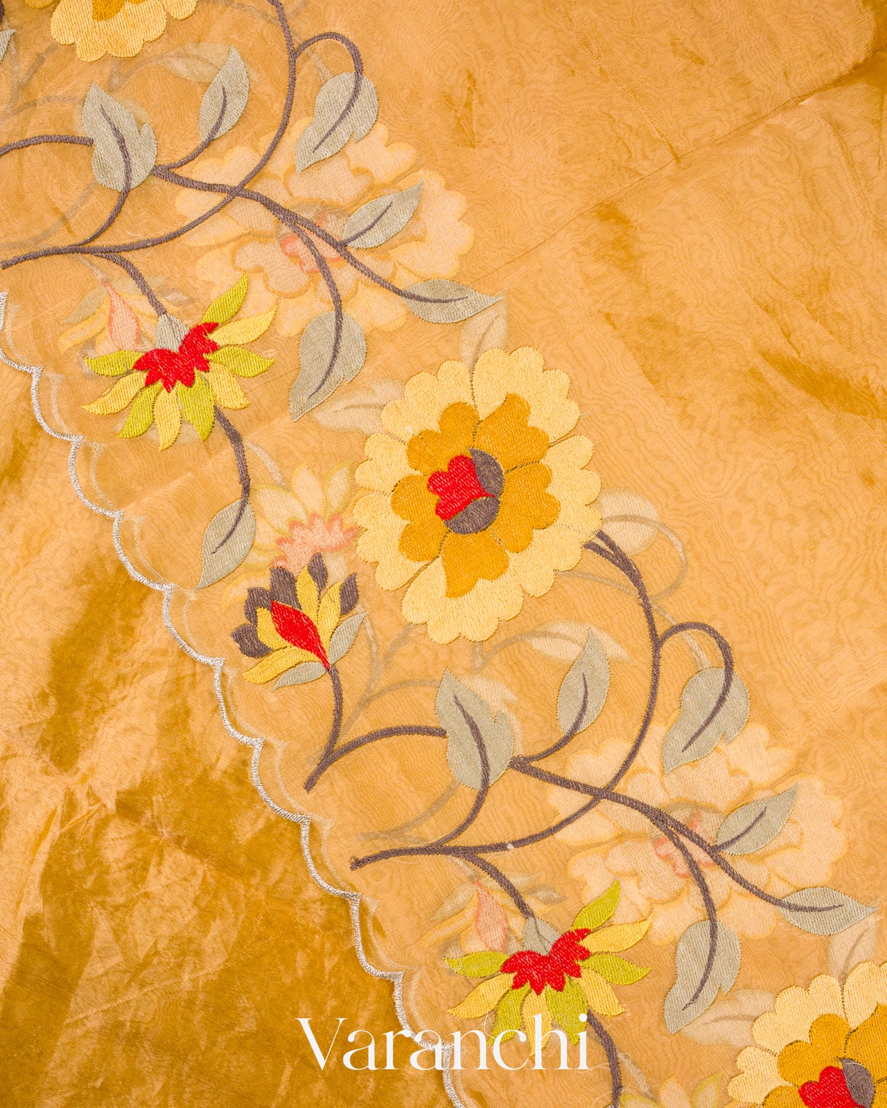 Mustard Yellow Floral Embroidered Pure Tissue Kora Silk Saree 