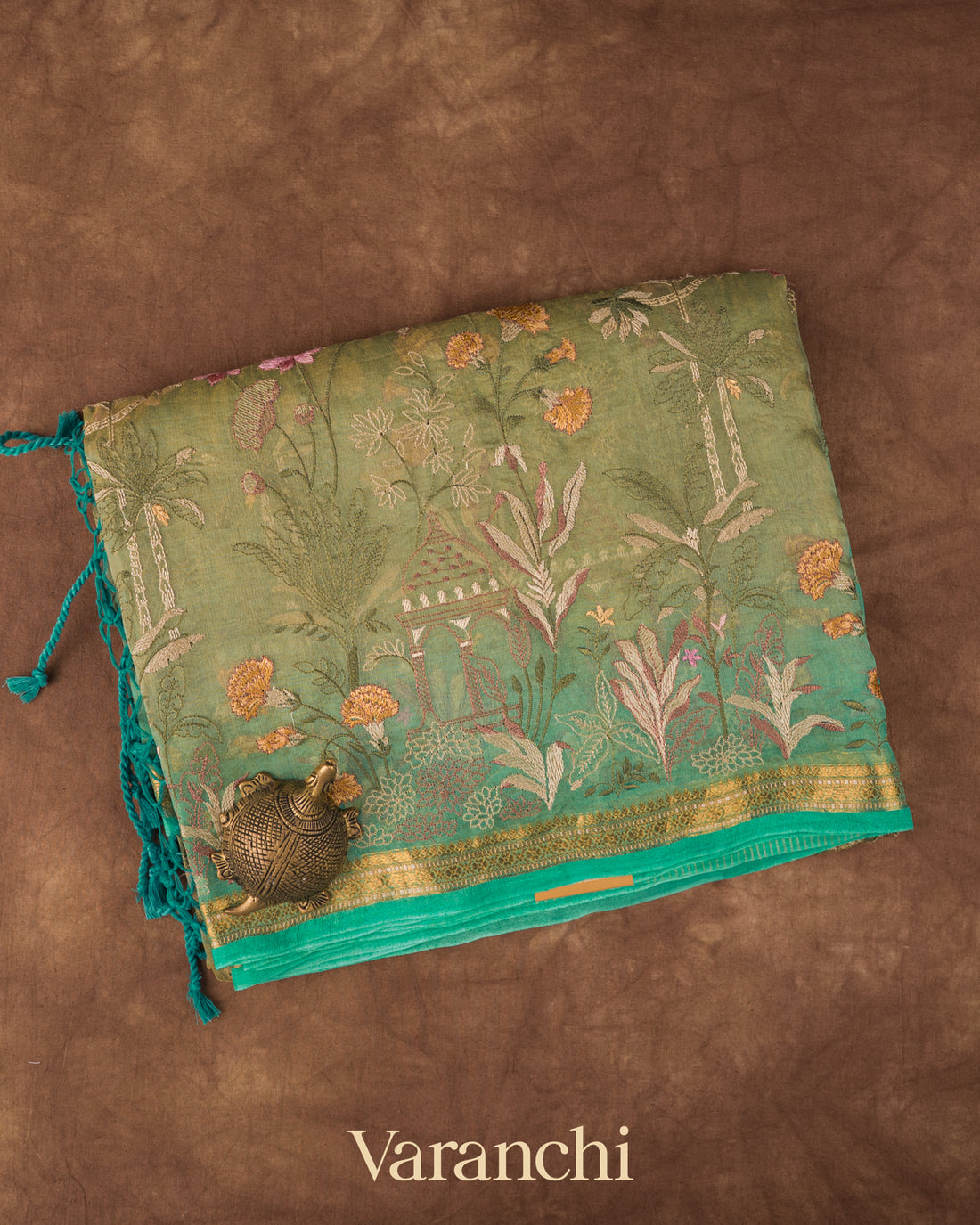 Muted Green  Floral Embroidered Pure Tissue Kora Silk Saree