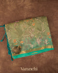 Muted Green  Floral Embroidered Pure Tissue Kora Silk Saree