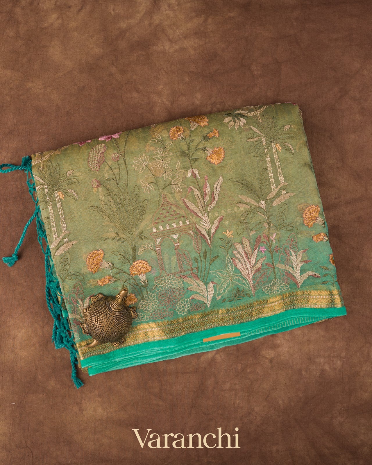 Muted Green  Floral Embroidered Pure Tissue Kora Silk Saree
