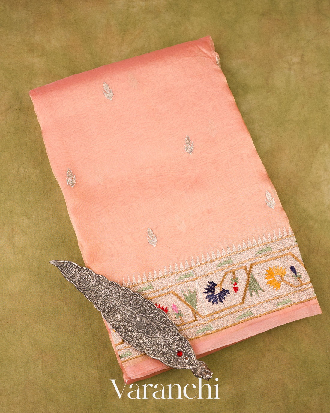 Peach Blush With Paithani Embroidered Border Pure Tissue Kora Silk Saree