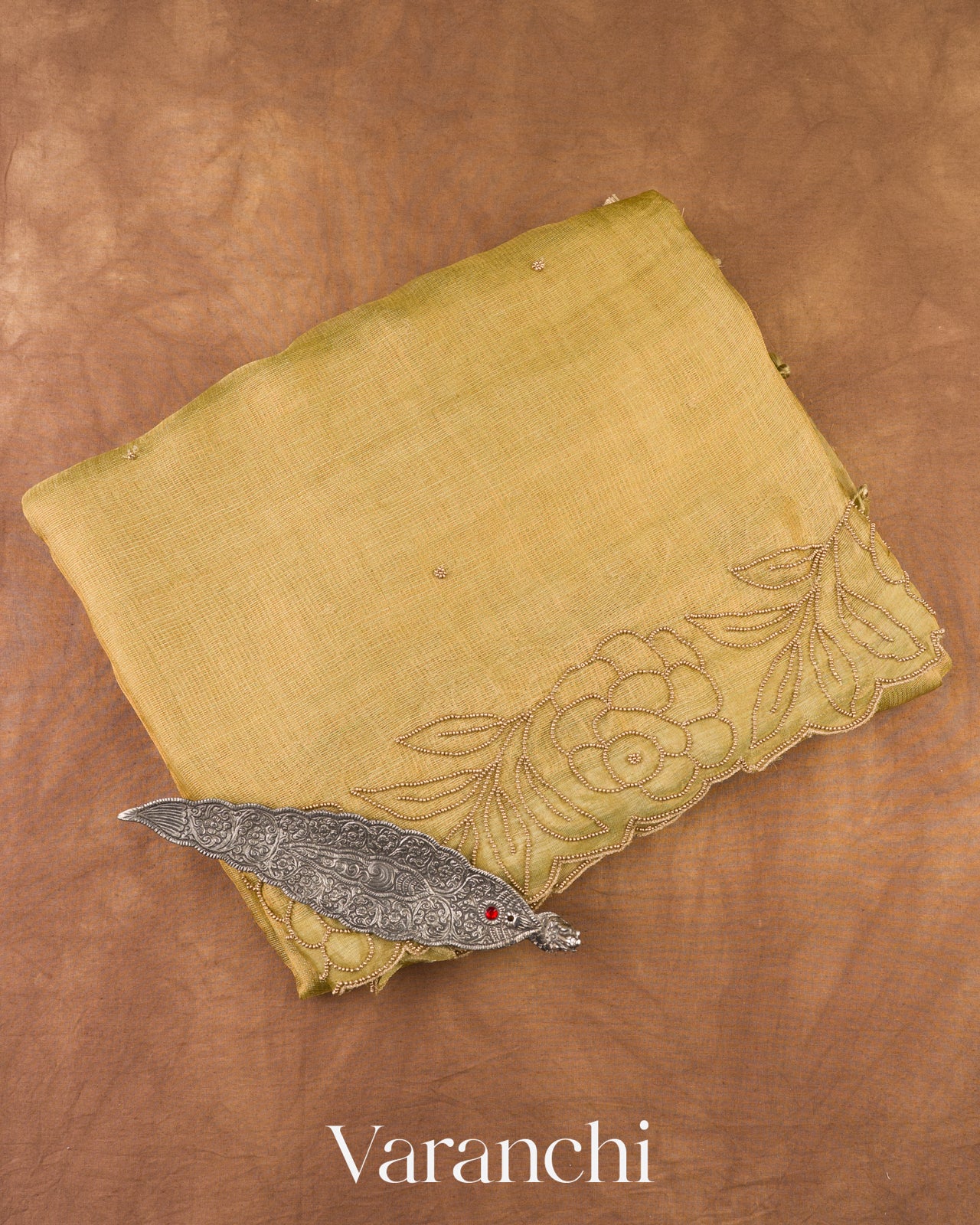 Muted Olive Gold Embroidered Pure Kora Silk Saree 