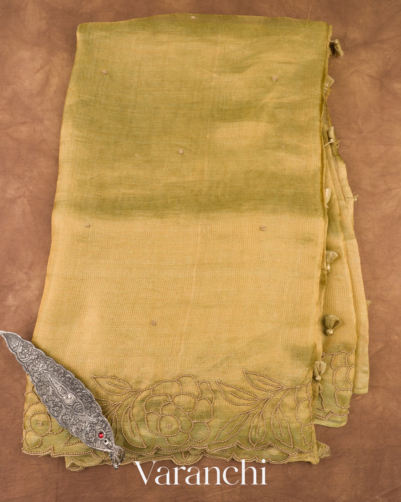 Muted Olive Gold Embroidered Pure Kora Silk Saree 