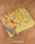 Soft Olive Yellow Embroidered Tissue Pure Kora Silk Saree 