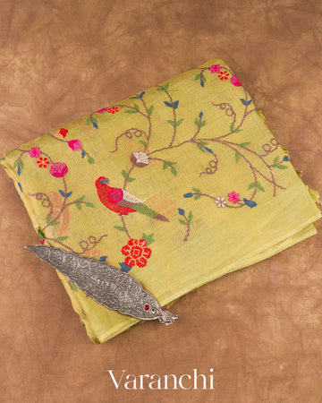 Soft Olive Yellow Embroidered Tissue Pure Kora Silk Saree 