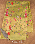 Soft Olive Yellow Embroidered Tissue Pure Kora Silk Saree 