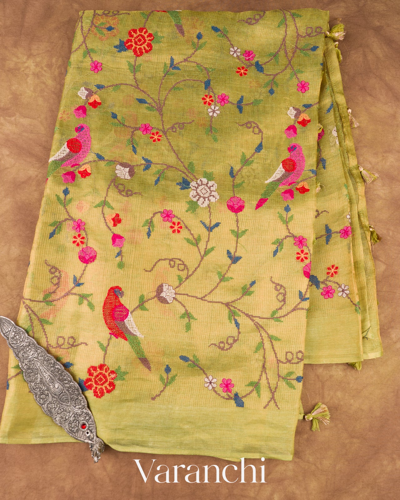 Soft Olive Yellow Embroidered Tissue Pure Kora Silk Saree 