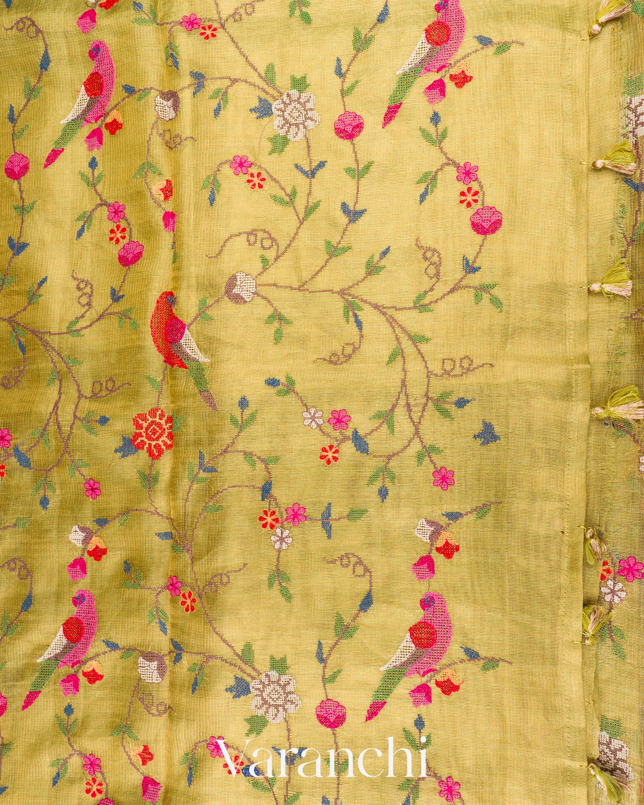 Soft Olive Yellow Embroidered Tissue Pure Kora Silk Saree 