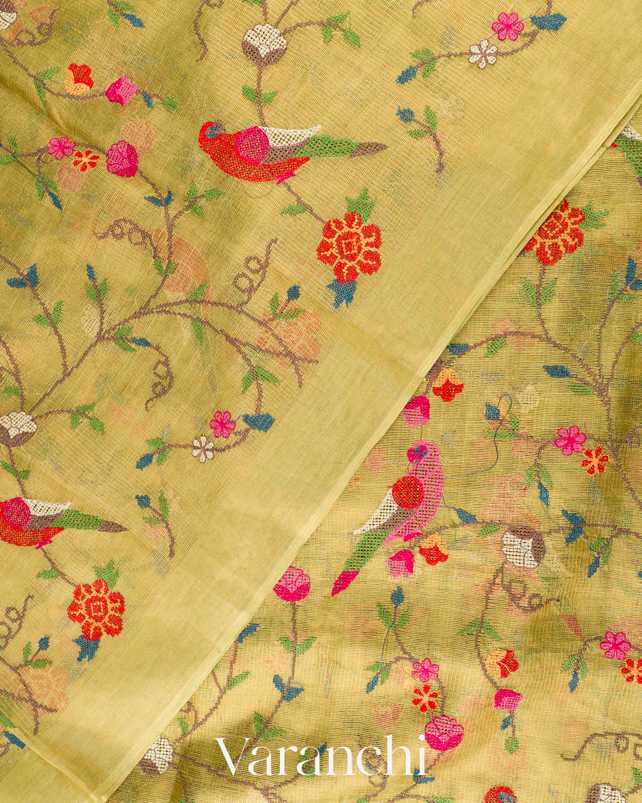 Soft Olive Yellow Embroidered Tissue Pure Kora Silk Saree 