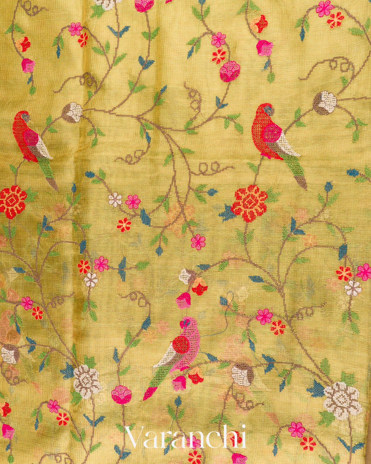 Soft Olive Yellow Embroidered Tissue Pure Kora Silk Saree 